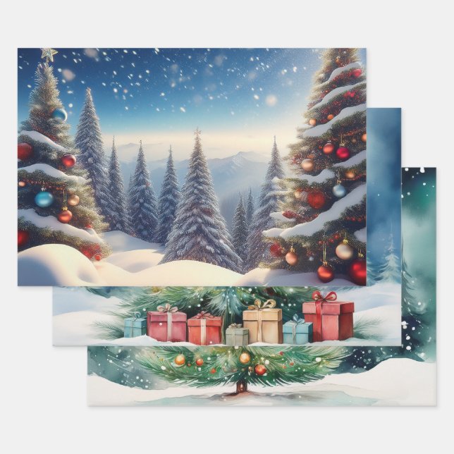 Snow Cover Christmas Trees in Woods Geschenkpapier Set (Set)