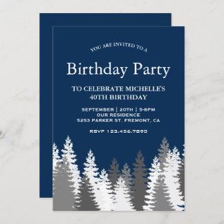 Snow Covered Pine Trees Navy Blue Birthday Party Einladung