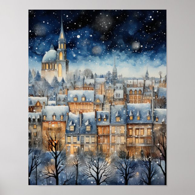 Snow Covered Village Blue Themed Poster (Vorne)