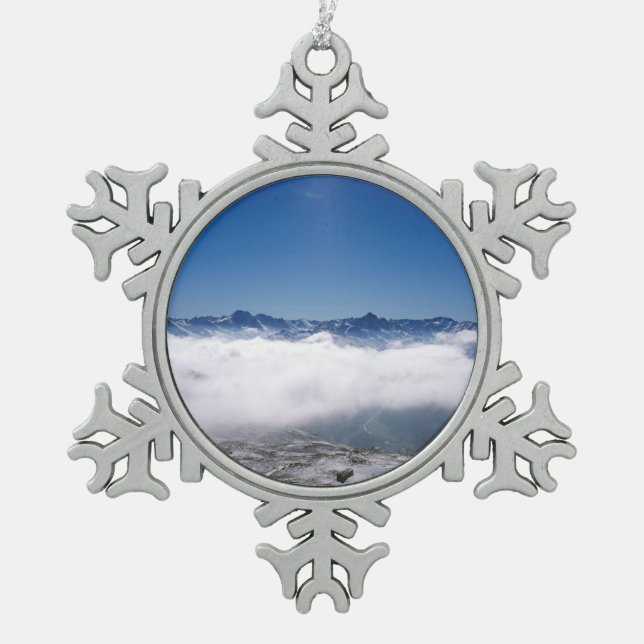 Snow Davos Switzerland Holiday Card Poster Foto B Schneeflocken Zinn-Ornament (Vorderseite)