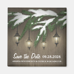 Snow Evergreen Lantern Wedding Save the Date Magnet