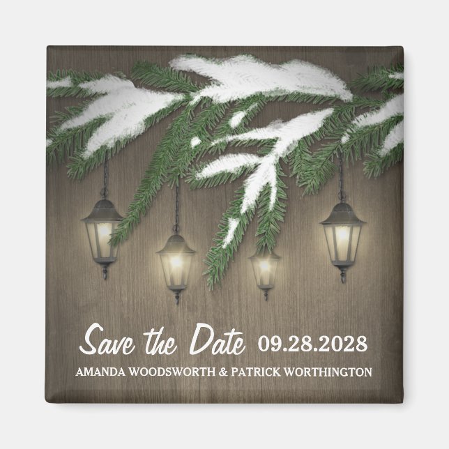 Snow Evergreen Lantern Wedding Save the Date Magnet (Vorne)