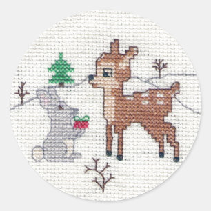 Snow Fawn und Hasen Cross Stitch Runder Aufkleber
