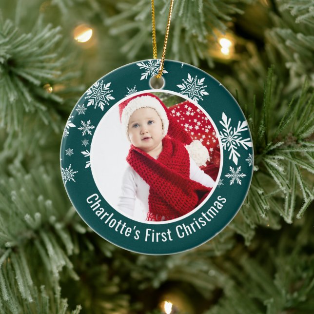 Snow Flakes Frame Baby's First Christmas Foto Keramik Ornament (Baum)