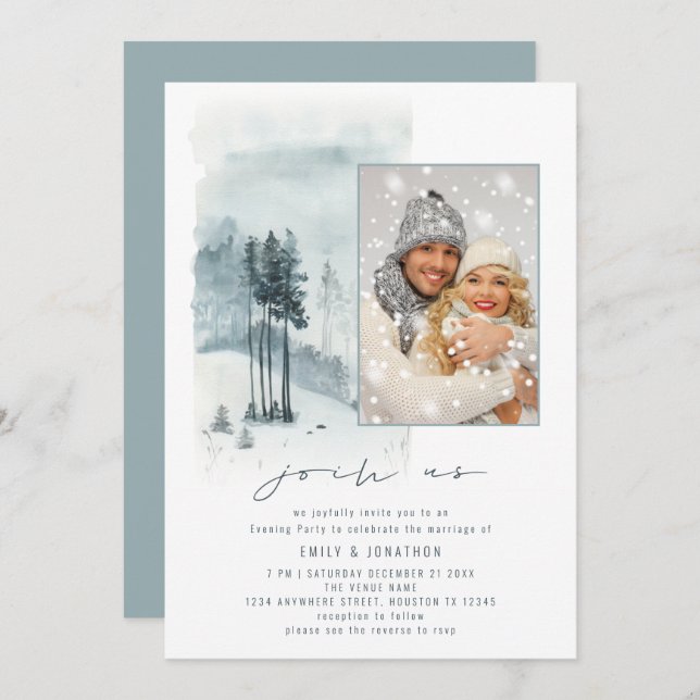 Snow Forest Foto in Us QR Abend Party Hochzeit Einladung (Vorne/Hinten)