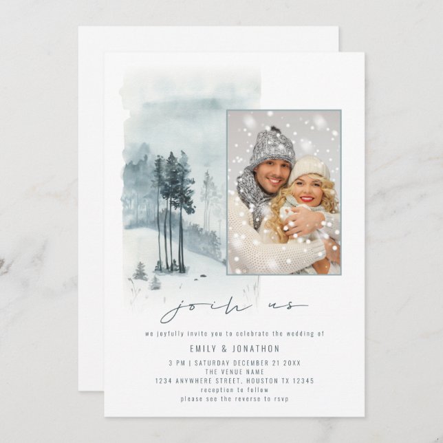 Snow Forest Foto in Us QR Code Winter Hochzeit Einladung (Vorne/Hinten)