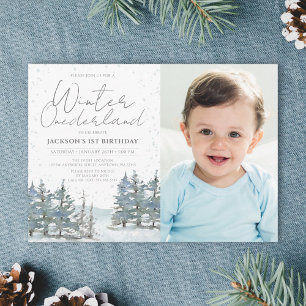 Snow Forest Winter Onederland Boy Birthday Foto Einladung
