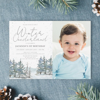 Snow Forest Winter Onederland Boy Birthday Foto Einladung