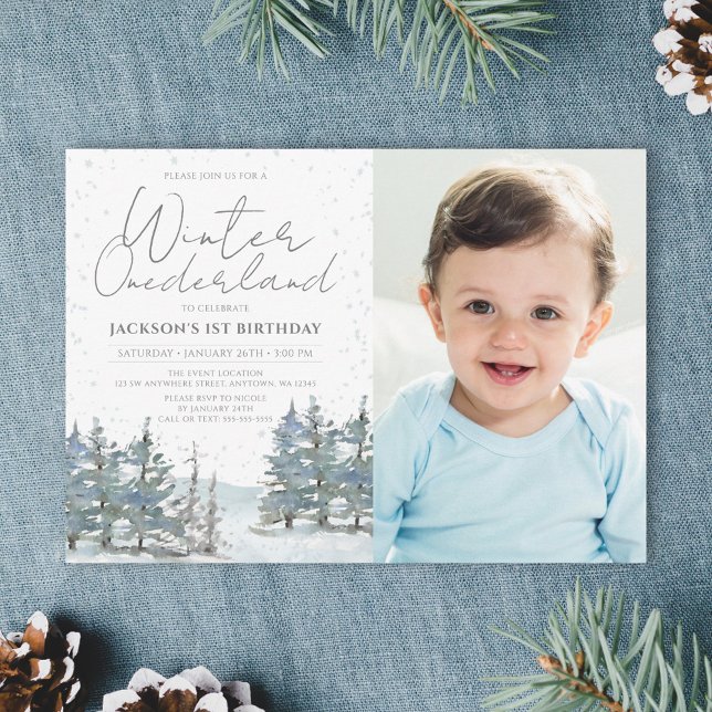 Snow Forest Winter Onederland Boy Birthday Foto Einladung (Von Creator hochgeladen)