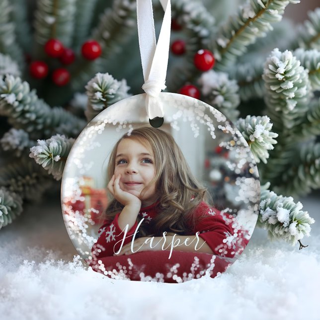 Snow Frame Minimal 2-Foto-Individuelle Name-Skript Keramik Ornament (Snow Frame Minimal Two Photo Custom Name Script Ceramic Ornament)