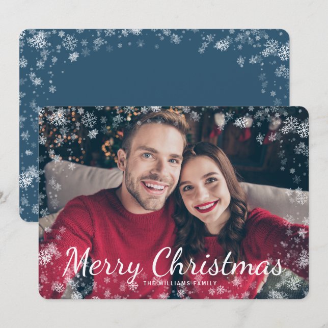 Snow Frohe Weihnachten Foto Blue Holiday Card (Vorne/Hinten)