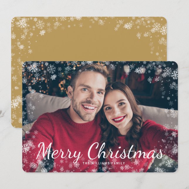 Snow Frohe Weihnachts-Foto Gold Holiday Card (Vorne/Hinten)