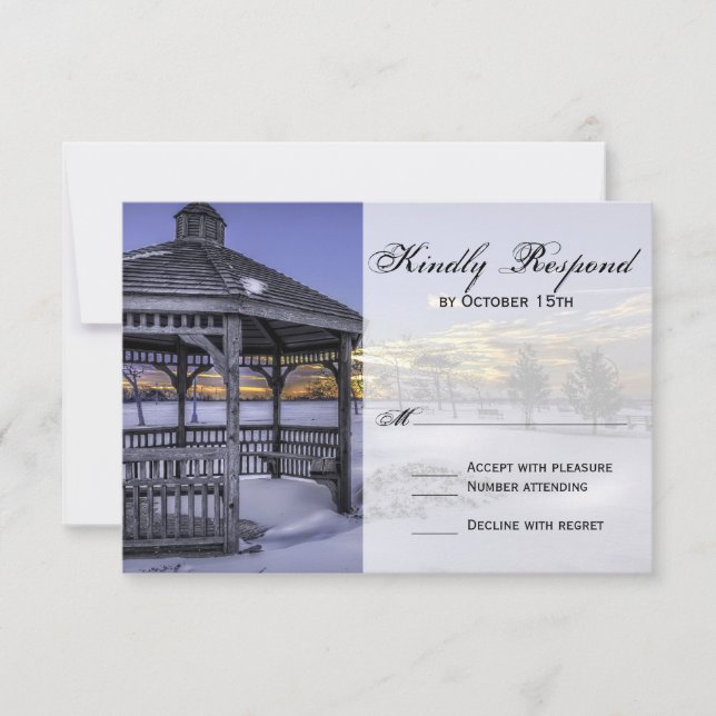 Snow Gazebo Tree Sunset Winter Wedding RSVP Karten (Vorderseite)