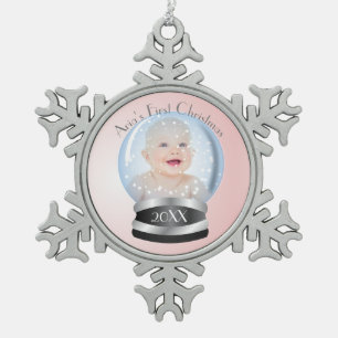 Snow Globe Pink Girl Baby's 1. Weihnachts-Foto Schneeflocken Zinn-Ornament