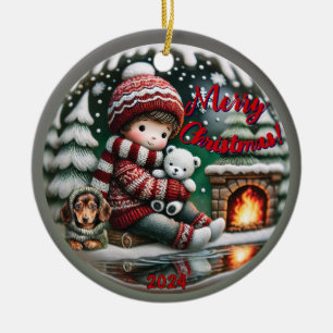 Snow Globe Vibe: Dackel Fireplace Scene Keramik Ornament