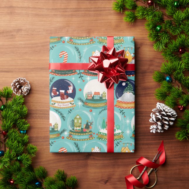 Snow Globe Weihnachten Gnome Gingerbrot House Blue Geschenkpapier (Feiertagsgeschenk)