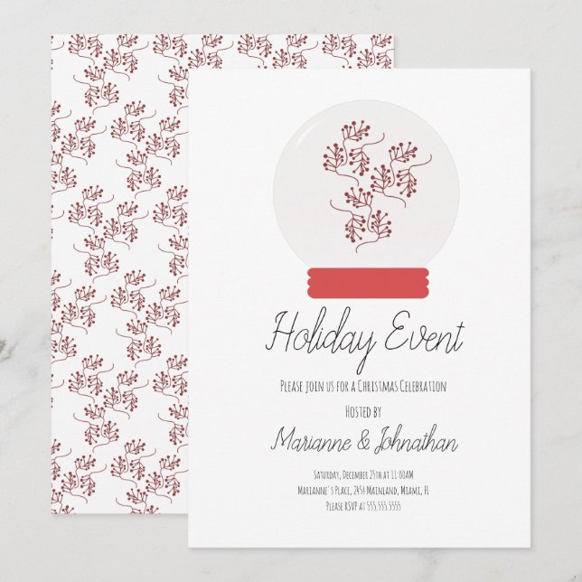 Snow Globe Weihnachts-Party Berry Sprigs Einladung (Vorne/Hinten)