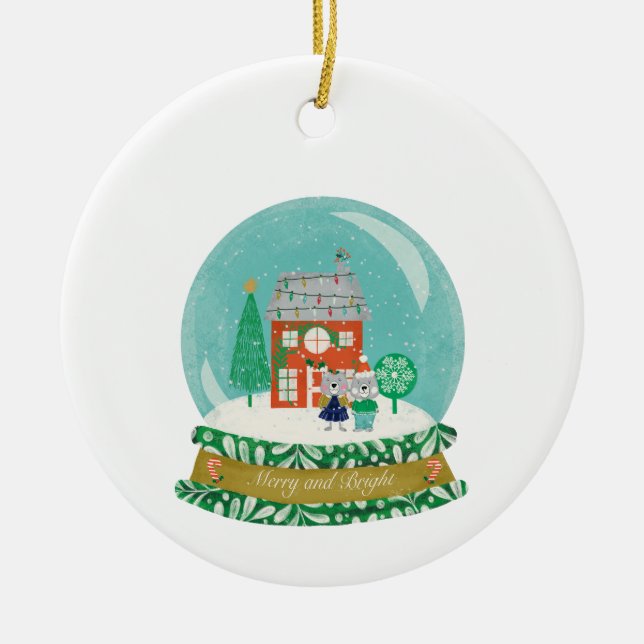 Snow Globe Weihnachtsdorf mit Santa Bear Keramik Ornament (Vorne)