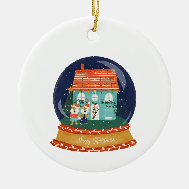 Snow Globe Weihnachtsdorf mit Santa Fox Keramik Ornament (Vorne)