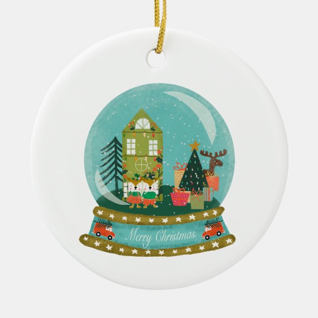Snow Globe Weihnachtsdorf mit Weihnachtsmann Keramik Ornament (Vorne)