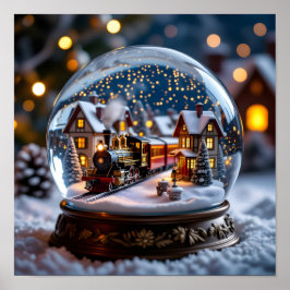 Snow globe with Vintage Train and Village Poster