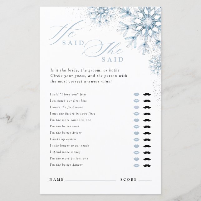 Snow in Love He Said She Said Bridal Shower Game (Vorderseite)