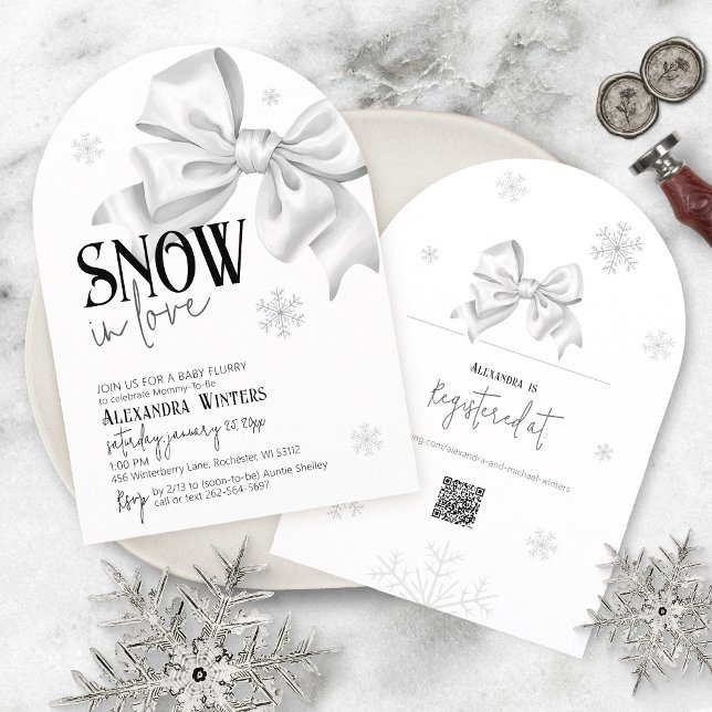 Snow In Love White Bow Baby Shower Winter Arch QR Einladung (Arch black and white elegant baby girl or boy winter snowflake white bow QR code Snow in love shower)
