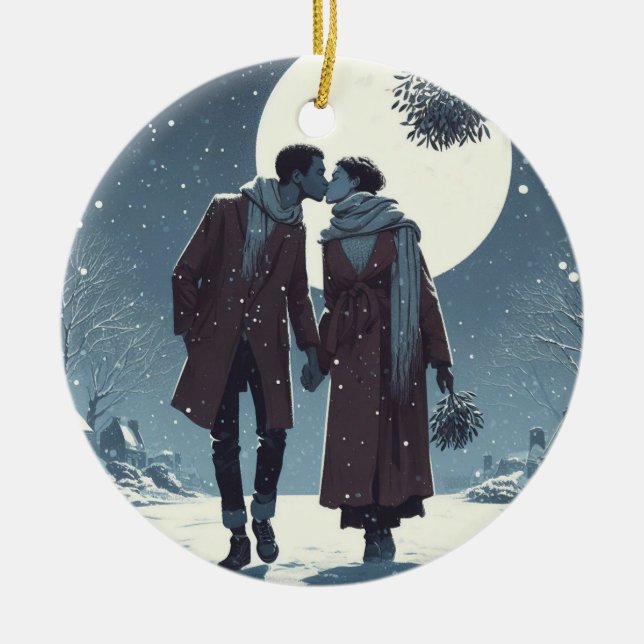 Snow Kiss Couple Keramik Ornament (Vorne)