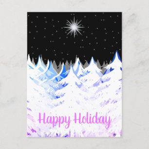 Snow Laden Trees Blue Lila Stars Night Sky Feiertagspostkarte