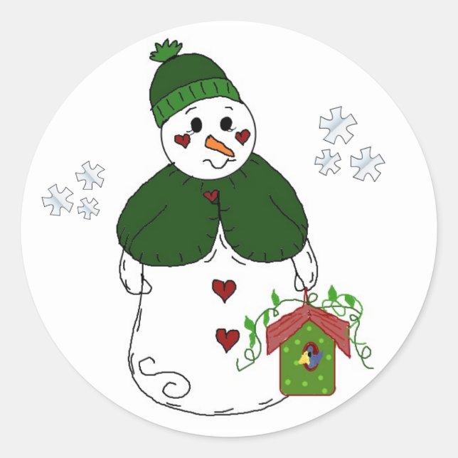 Snow Lady mit Birdhouse Runder Aufkleber (Vorderseite)