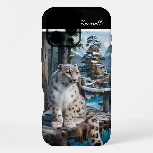 Snow Leopard auf der Winterbrücke iPhone Hülle (Rückseite)