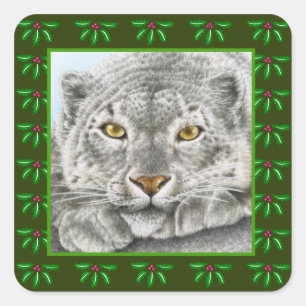 Snow Leopard Holly Leaf Weihnachtsaufkleber Quadratischer Aufkleber