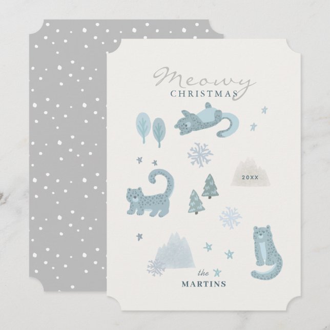 Snow Leopard Meowy Christmas Blue Holiday Card Einladung (Vorne/Hinten)