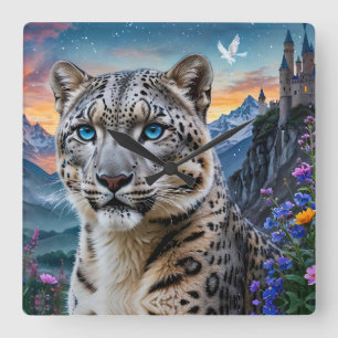 Snow Leopard Mountain Valley Sunset Quadratische Wanduhr