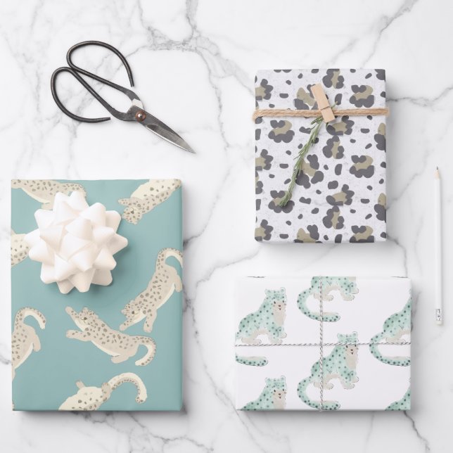 Snow Leopard Muster Blau Geschenkpapier Set (Vorderseite)