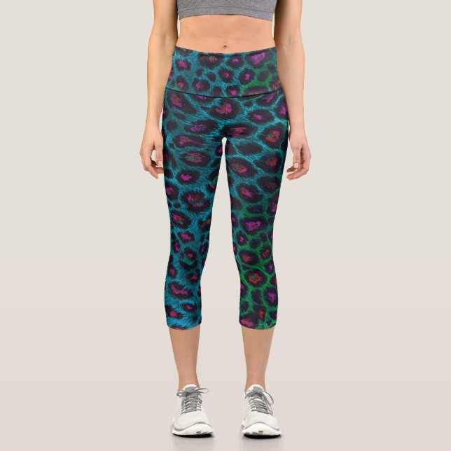 Snow Leopard Neon-Noir Muster Capri Leggings (Vorderseite)