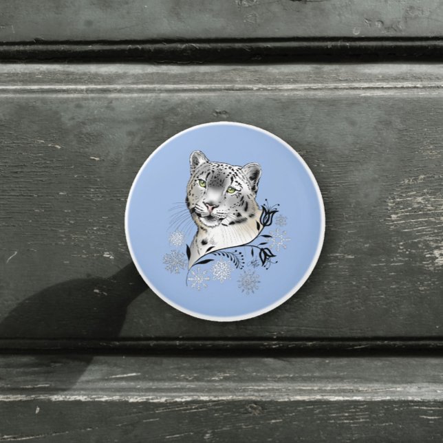 Snow Leopard Snowflakes Blaue Blumen Keramikknauf (Von Creator hochgeladen)