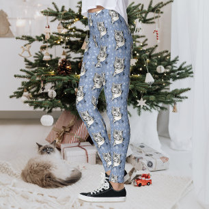 Snow Leopard Snowflakes Blaue Blumen Leggings