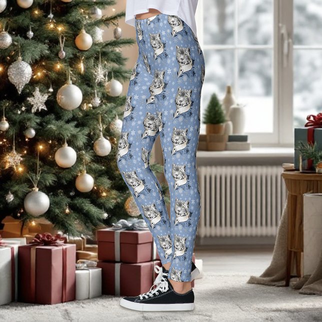 Snow Leopard Snowflakes Blaue Blumen Leggings (Von Creator hochgeladen)