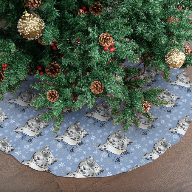 Snow Leopard Snowflakes Blaue Blumen Polyester Weihnachtsbaumdecke (Von Creator hochgeladen)