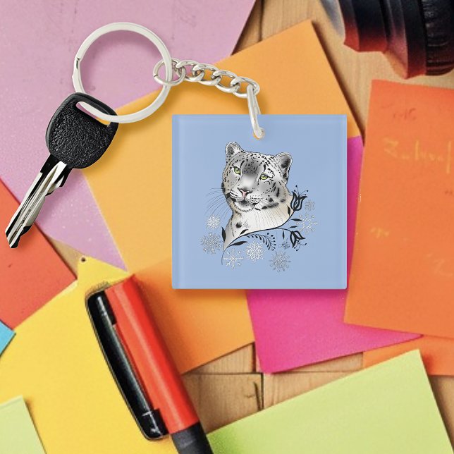 Snow Leopard Snowflakes Blaue Blumen Schlüsselanhänger (Von Creator hochgeladen)