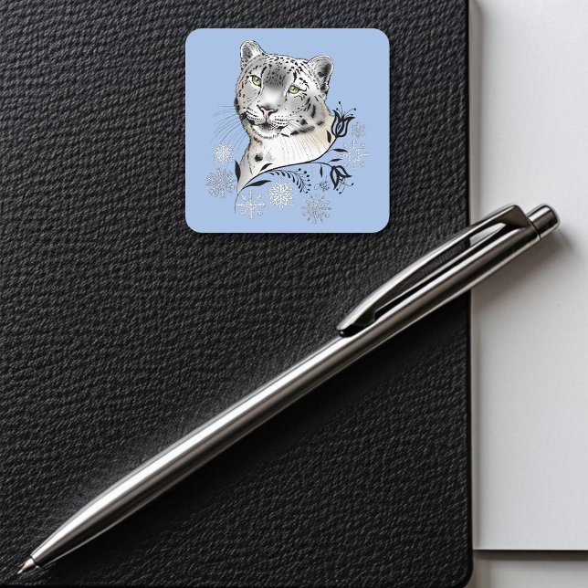 Snow Leopard Snowflakes Blaue Rose Quadratischer Aufkleber (Von Creator hochgeladen)
