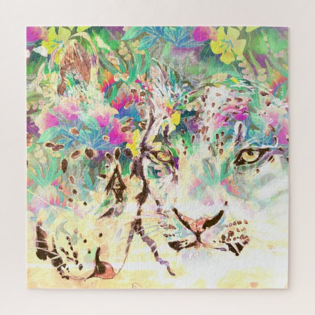 Snow Leopard tropische Blume Hawaiianische Tiere Puzzle (Vertikal)