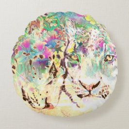 Snow leopard tropische Blume Hawaiianisches Tier Rundes Kissen