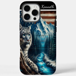 Snow Leopard unter amerikanischer Flagge iPhone 16 Pro Max Hülle