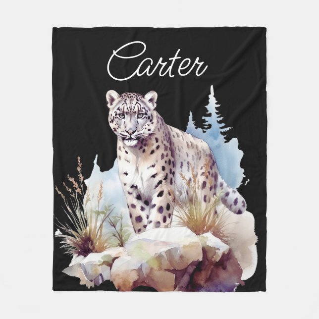 Snow Leopard Winterberg Personalisiert Fleecedecke (Vorderseite)