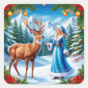 Snow Maiden Bezaubernde Winterlandschaft Quadratischer Aufkleber