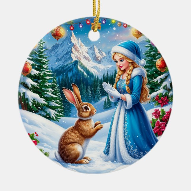 Snow Maiden im Winter-Waldlandschaft mit Kaninchen Keramik Ornament (Vorne)