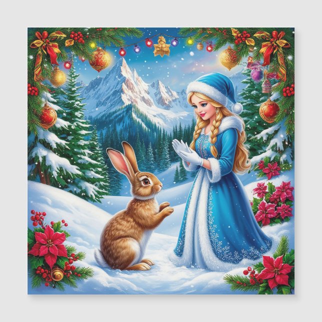 Snow Maiden im Winter-Waldlandschaft mit Kaninchen Magnetkarte (Vorderseite)