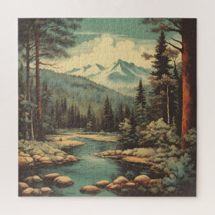 Snow Mountain Forest River Rocks Landschaft Puzzle